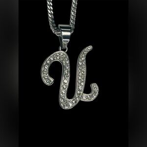 STAINLESS STEEL JEWELRY SILVER RHINESTONE INITIAL “V” PENDANT NECKLACE WOMEN 20”